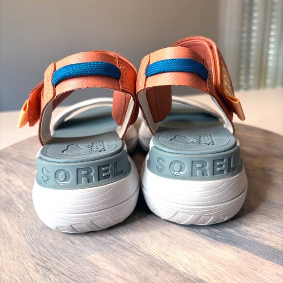 Sorel Explorer Blitz White Apricot Blue Leather Platform Sandals Women's Sz 11 - Picture 8 of 11